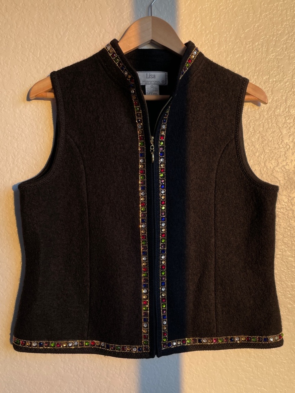 Lisa International Black Wool Zip Vest with Multicolor Jewel Trim • Large - Picture 4 of 6